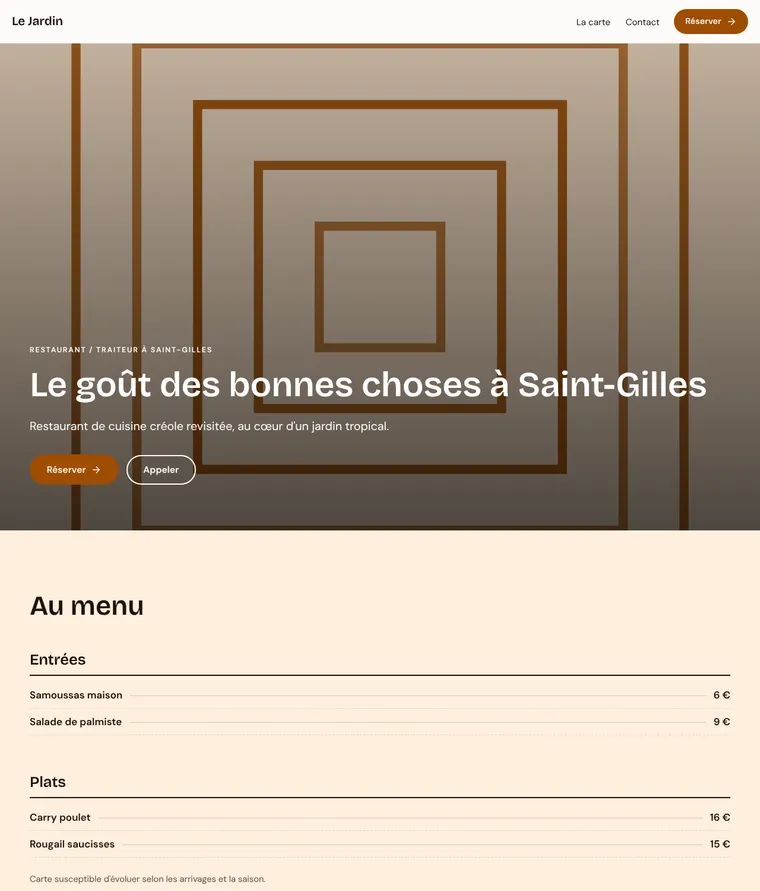 Page d'accueil générée pour une restaurant (exemple)