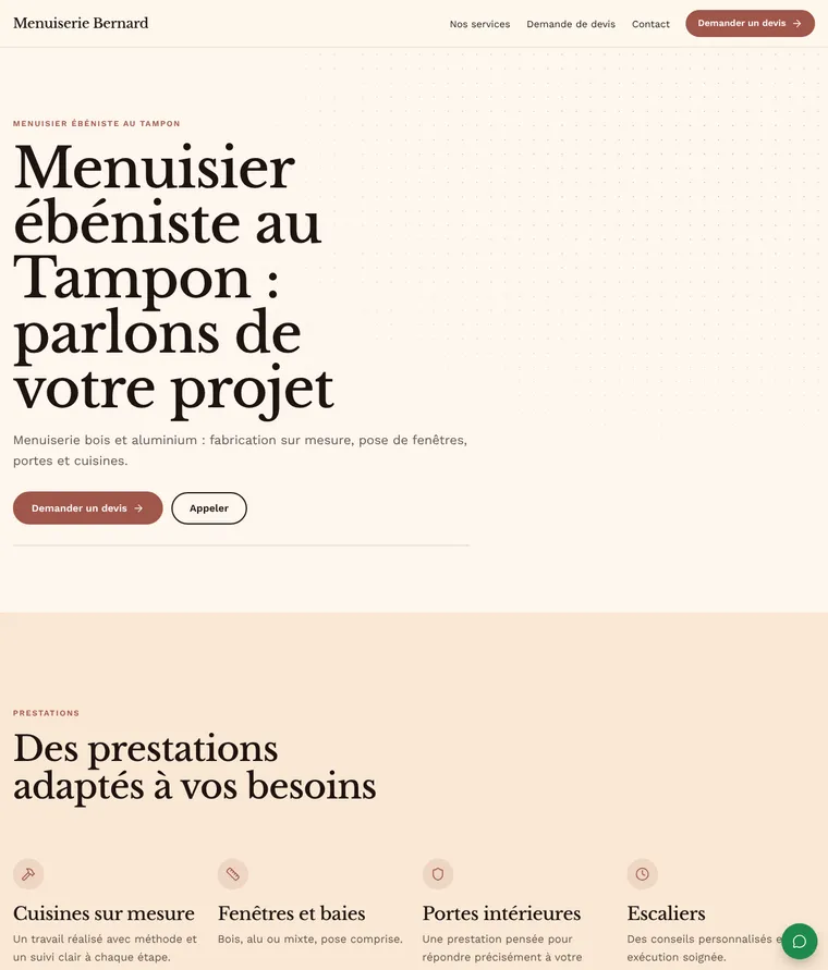 Page d'accueil générée pour une menuisier ébéniste (exemple)